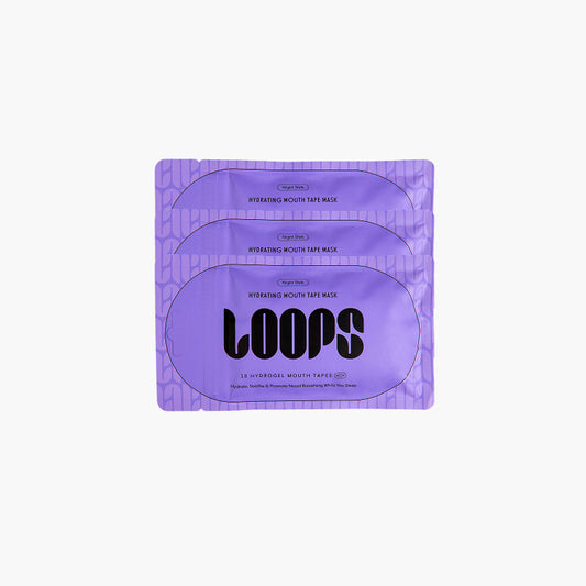Set of three purple mouth tape mask packages with 'LOOPS' branding on a white background