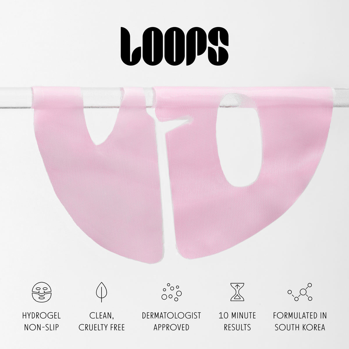 Laydown of face mask showing LOOPS benefits: hydrogel non-slip, clean, cruelty free, dermatologist approved, 10 minute results, formulated in south korea