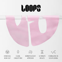 Laydown of face mask showing LOOPS benefits: hydrogel non-slip, clean, cruelty free, dermatologist approved, 10 minute results, formulated in south korea