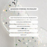 Advanced Hydrogel Technology text on glitter background; deep penetration of active ingredients, cooling & refreshing, 100% biodegradable, clean & effective, non-slip