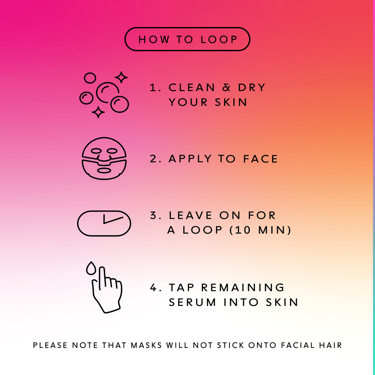How To Loop Icon: Clean & Dry Your Skin, Appy To Face, Leave On For A LOOP (10 Min), Tap Remaining Serum Into Skin