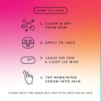 How To Loop Icon: Clean & Dry Your Skin, Appy To Face, Leave On For A LOOP (10 Min), Tap Remaining Serum Into Skin