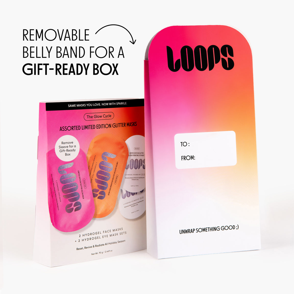 Holiday gift set package showing "removable belly band for gift-ready box"