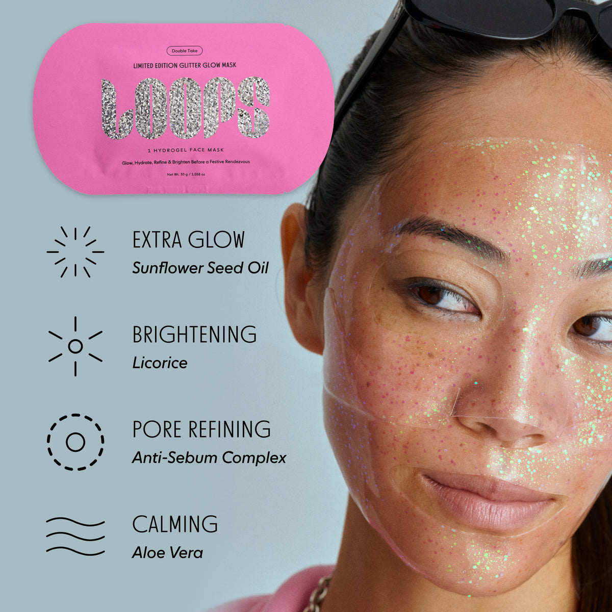 Pink glitter mask with benefit details: extra glow, brightening, pore refining, calming