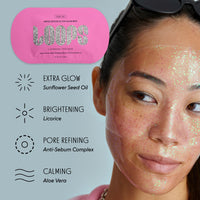 Pink glitter mask with benefit details: extra glow, brightening, pore refining, calming