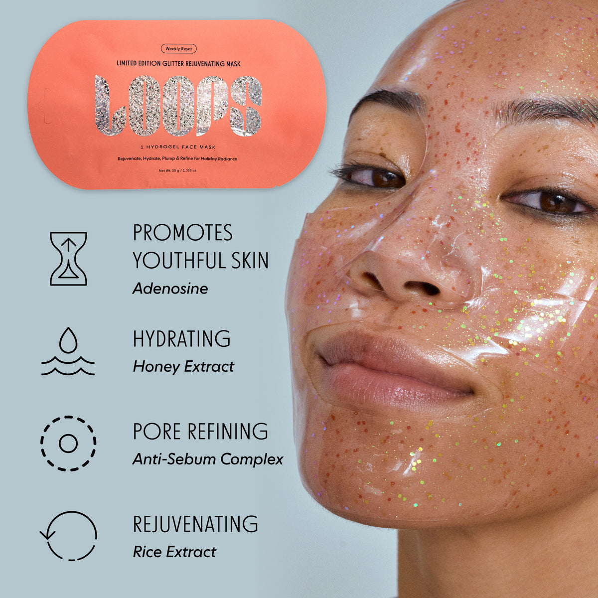Orange glitter mask with visuals of mask benefits: promotes youthful skin, hydrating, pore refining, rejuvenating