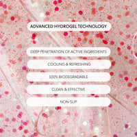Advanced Hydrogel Technology text on glitter background; deep penetration of active ingredients, cooling & refreshing, 100% biodegradable, clean & effective, non-slip