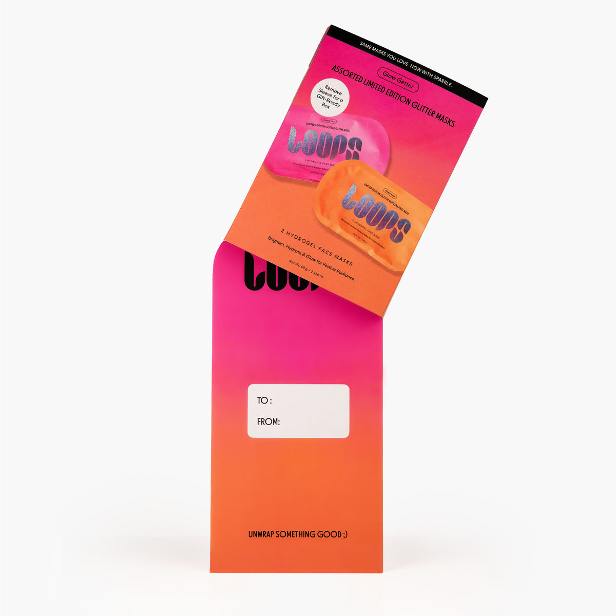 A folded orange and pink paper sleeve with a white label reading TO: and FROM:, with a matching card partially pulled out above it. The card has a pink-to-orange gradient and includes the text 'LOOPS' and 'UNWRAP SOMETHING GOOD.