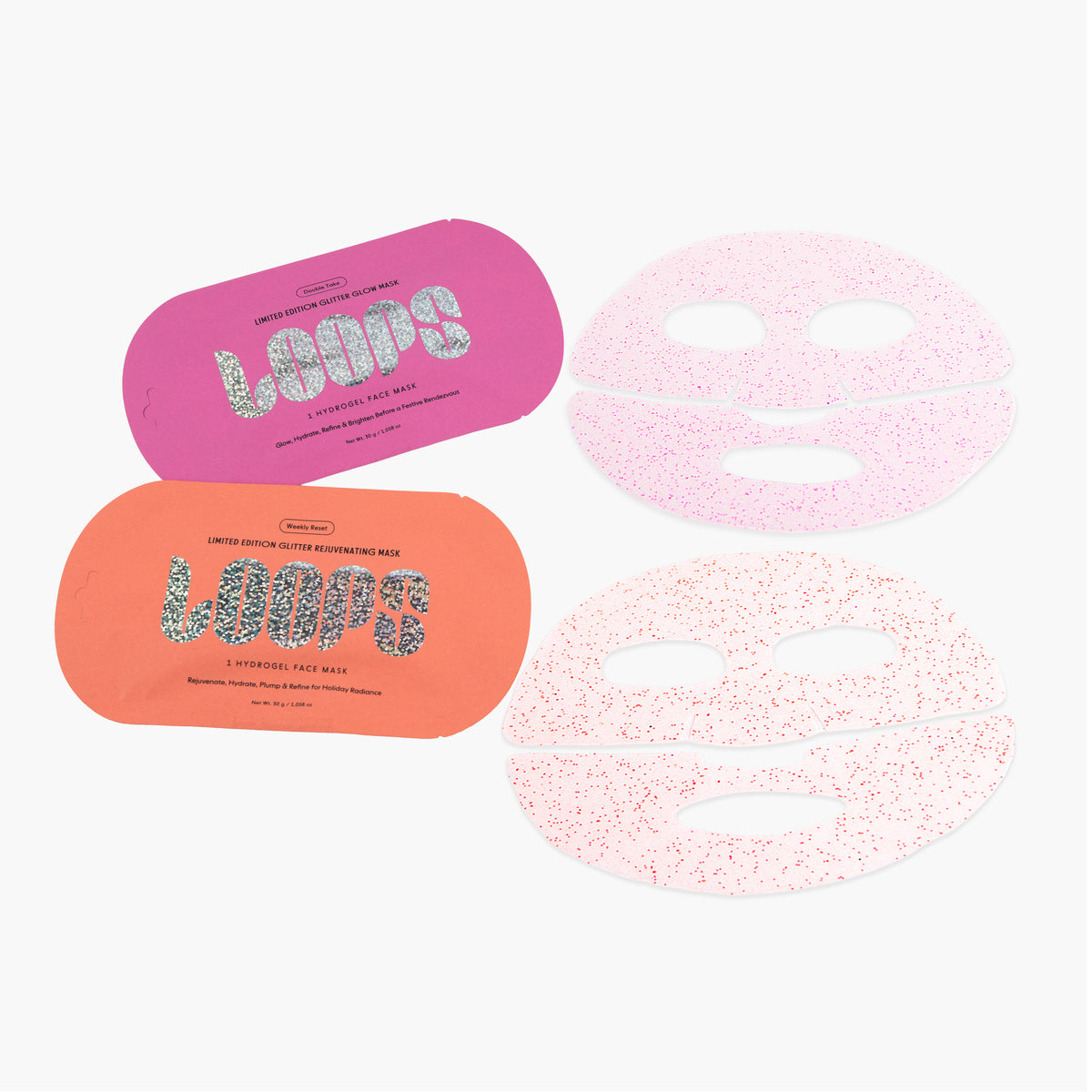 Two oval pink and orange LOOPS face mask cases with silver glitter lettering, shown next to two sheet masks, one light pink and one white with pink speckles, on a light gray background.