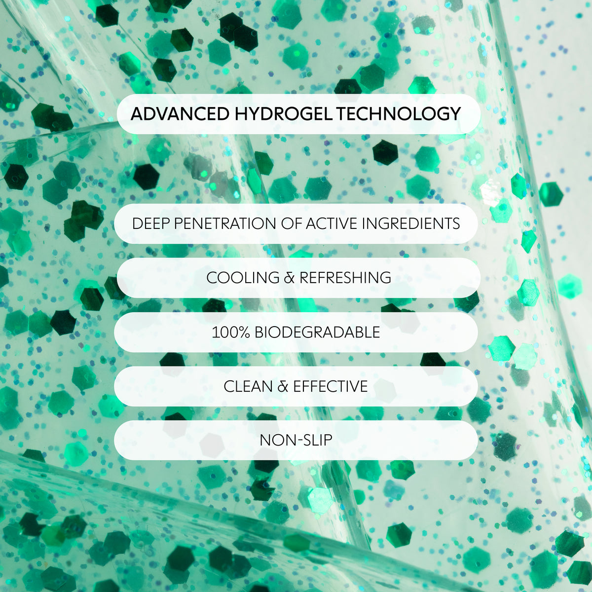 Advanced Hydrogel Technology text on glitter background; deep penetration of active ingredients, cooling & refreshing, 100% biodegradable, clean & effective, non-slip