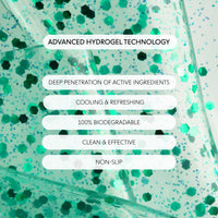 Advanced Hydrogel Technology text on glitter background; deep penetration of active ingredients, cooling & refreshing, 100% biodegradable, clean & effective, non-slip