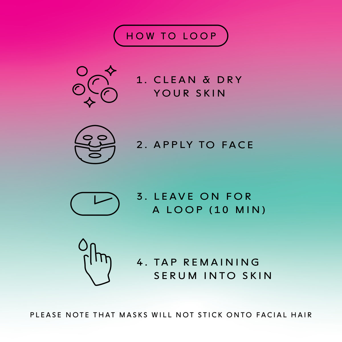 How To Loop Icon: Clean & Dry Your Skin, Appy To Face, Leave On For A LOOP (10 Min), Tap Remaining Serum Into Skin