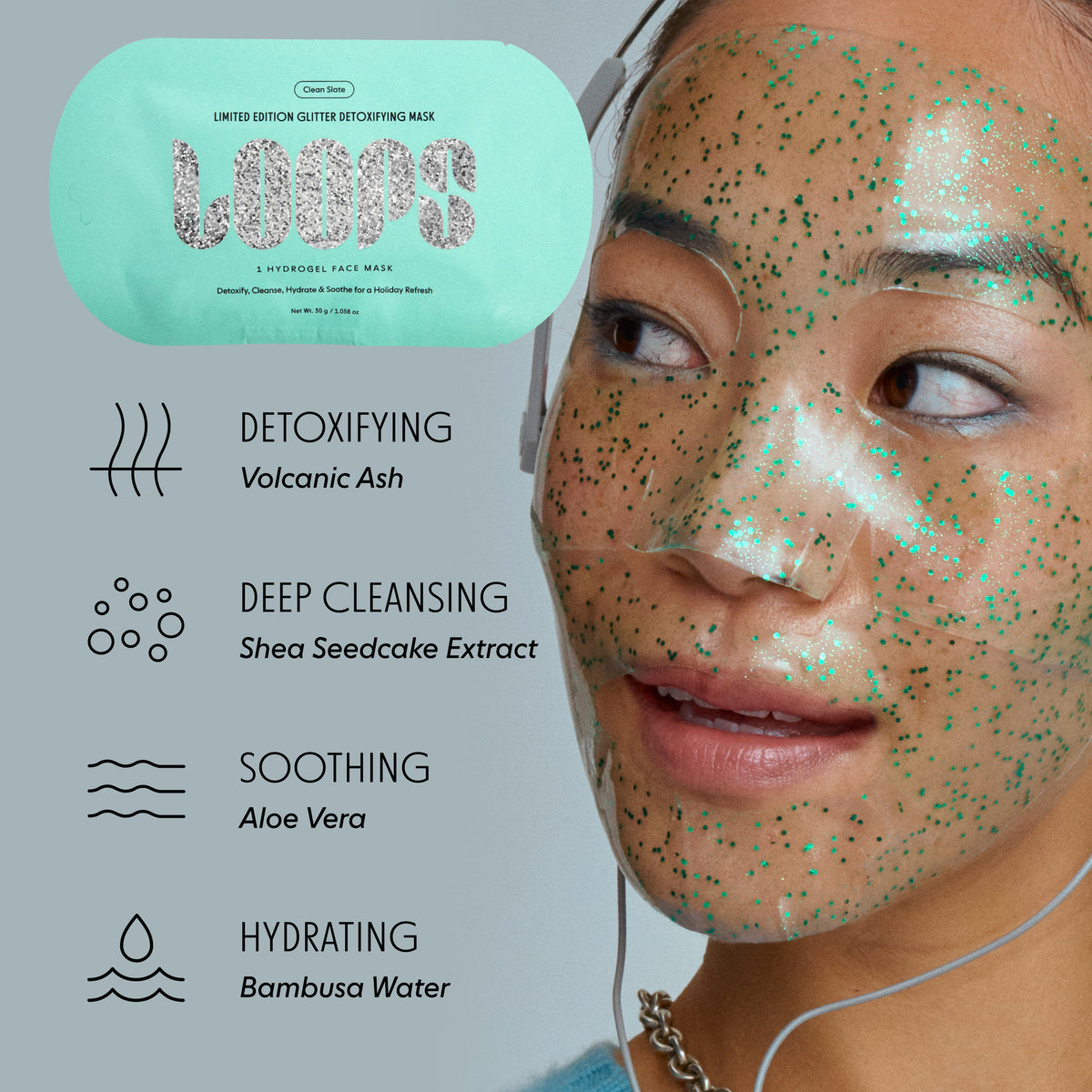 Icon of glitter mask showing benefits; detoxifying, deep cleansing, soothing & hydrating