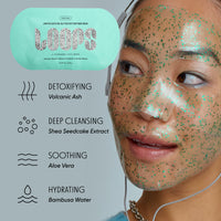 Icon of glitter mask showing benefits; detoxifying, deep cleansing, soothing & hydrating