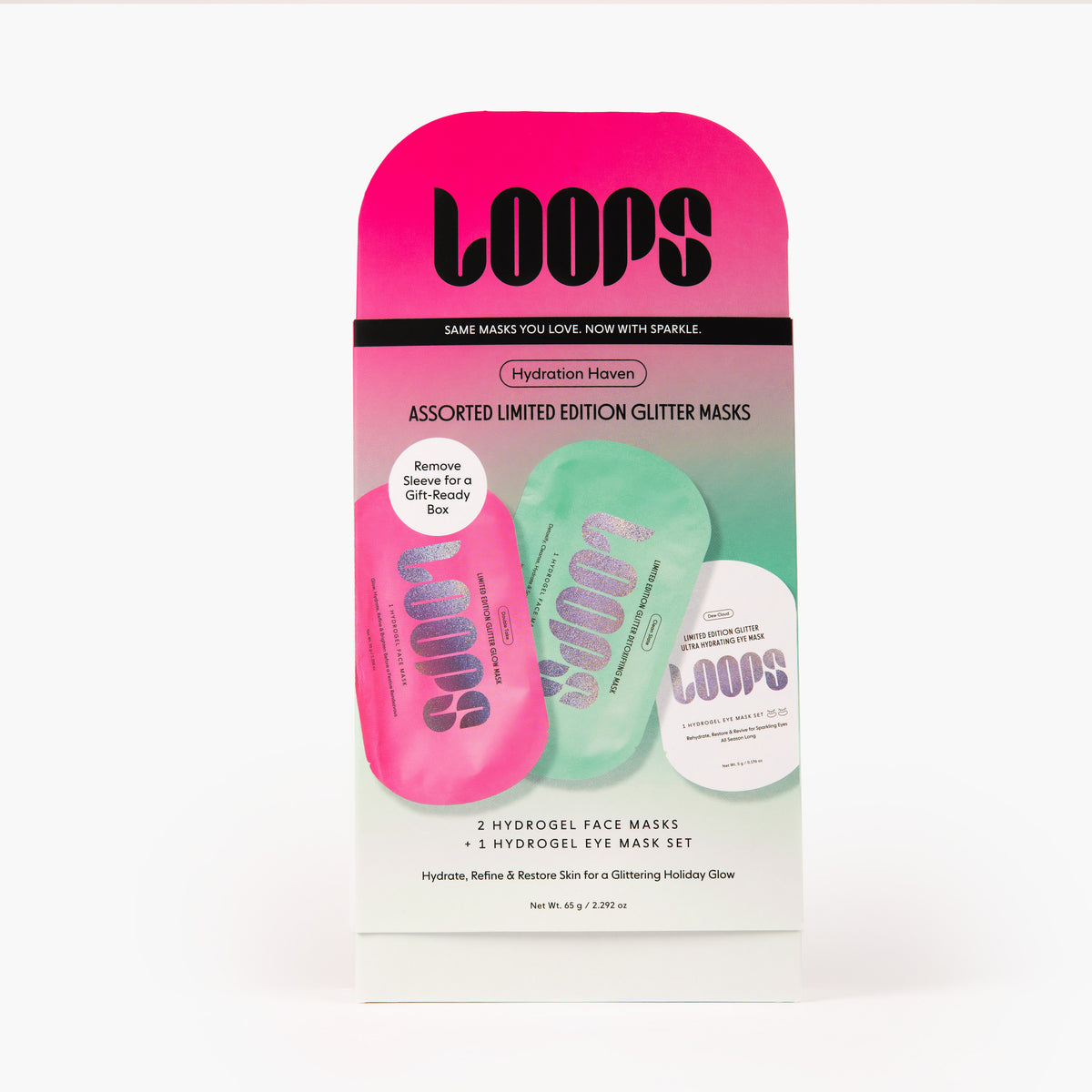 Packaging of gift set for hydration haven holiday gift set from loops beauty