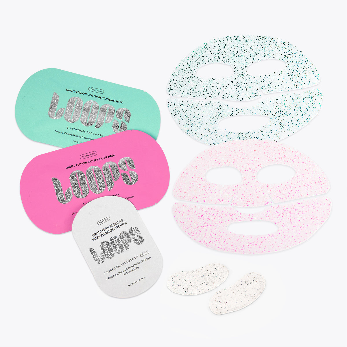 Three oval green, pink and white LOOPS face mask cases with silver glitter lettering, shown next to hydrogel masks on a light gray background.