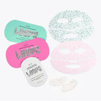 Three oval green, pink and white LOOPS face mask cases with silver glitter lettering, shown next to hydrogel masks on a light gray background.