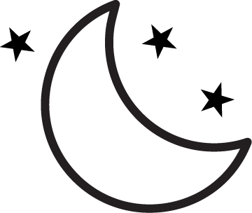 Black crescent moon and stars on a white background. signifies "promotes nasal breathing"
