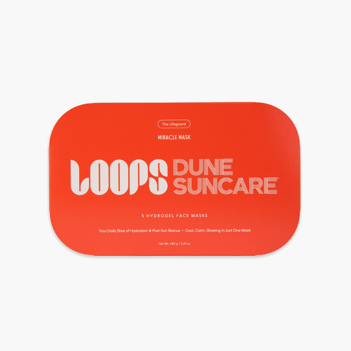 The 'Loops Dune Suncare' Miracle Mask packaging, featuring a bright red-orange rounded rectangle label with bold white typography on a clean white background.