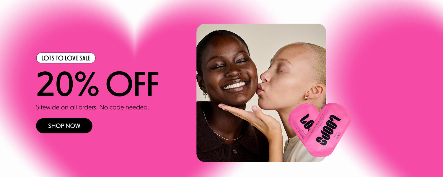 Promotional banner with two people and a 20% off discount offer on a pink background.