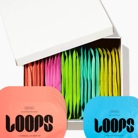 35 colorful, oval shaped, LOOPS masks in packaing lined up in two rows. 