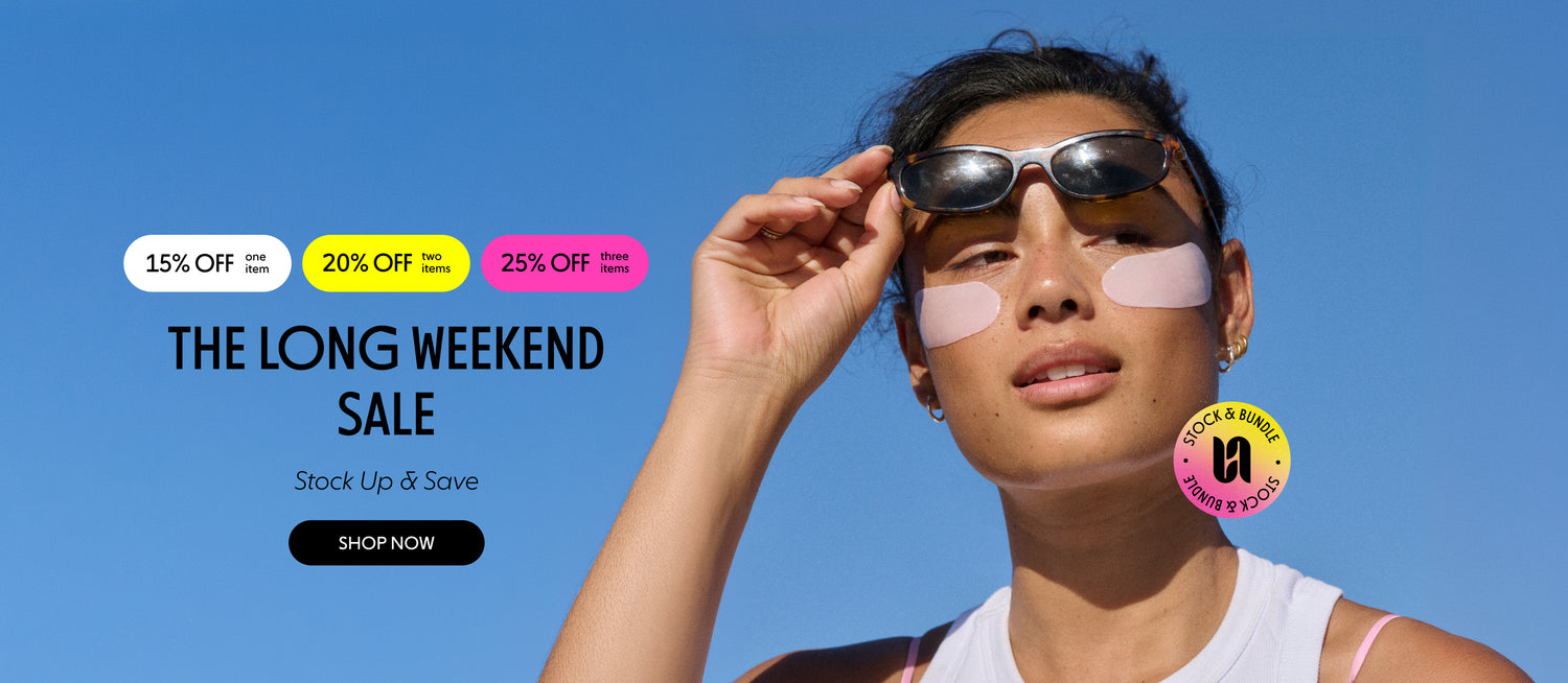 Woman wearing sunglasses with promotional text for a weekend sale on a blue background. 15% OFF one item, 20% off two items, 25% off three items.