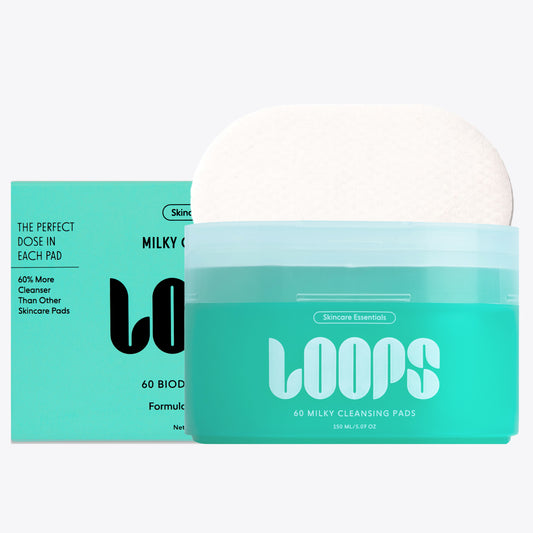 LOOPS Cleansing pads with packaging and a white pad on a light gray background