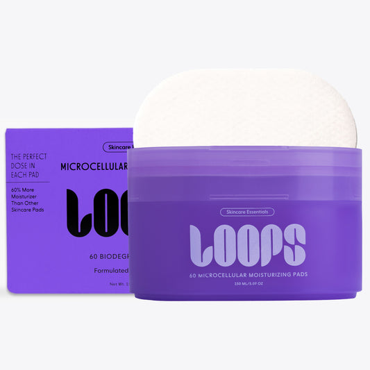 Purple container and packaging with 'LOOPS' branding on a white background
