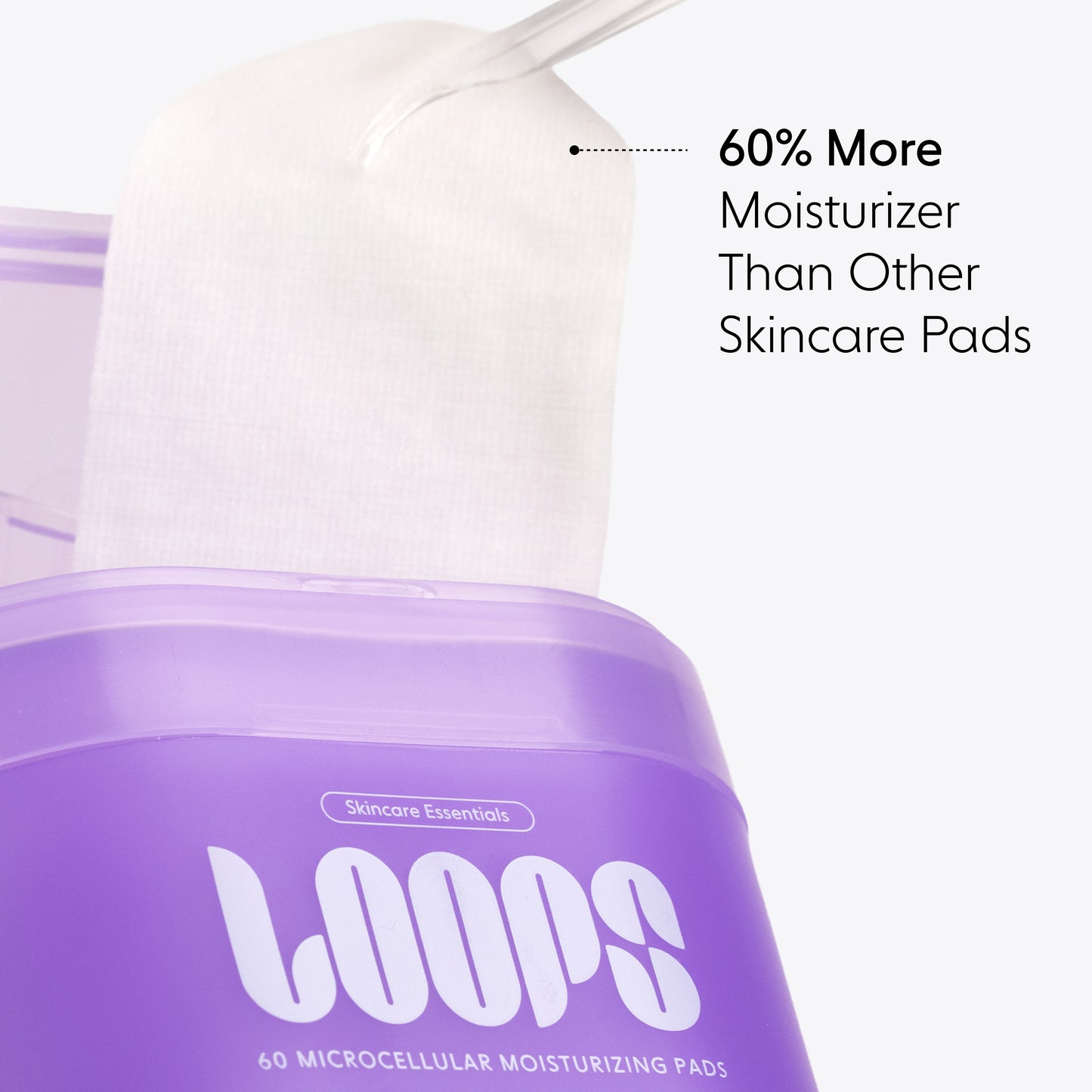 Purple skincare pad container with 'LOOPS' branding and text highlighting moisturizer content.