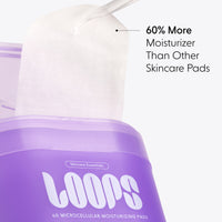 Purple skincare pad container with 'LOOPS' branding and text highlighting moisturizer content.