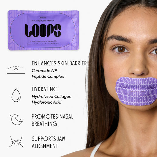 Woman wearing a purple mouth tape mask with product packaging and benefits listed. Enhances Skin Barrier (Ceramide NP Peptide Complex), Hydrating (Hydrolyzed Collagen, Hyaluronic Acid), Promotes Nasal Breathing, Supports Jaw Alignment
