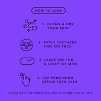 Purple and black instructional graphic titled 'HOW TO LOOP' with four numbered steps for applying a facial mask: clean and dry skin, apply textured side on face, leave on for 10 minutes, and tap remaining serum into skin. Small line icons illustrate bubbles, a face mask, a clock, and a hand.
