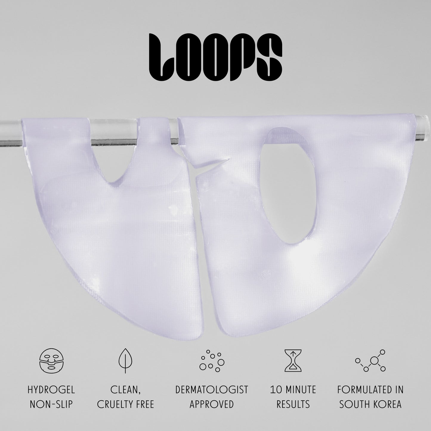 Two translucent hydrogel mask pieces hanging from a metal rod against a light gray background, with the word 'LOOPS' at the top and feature icons and text along the bottom.