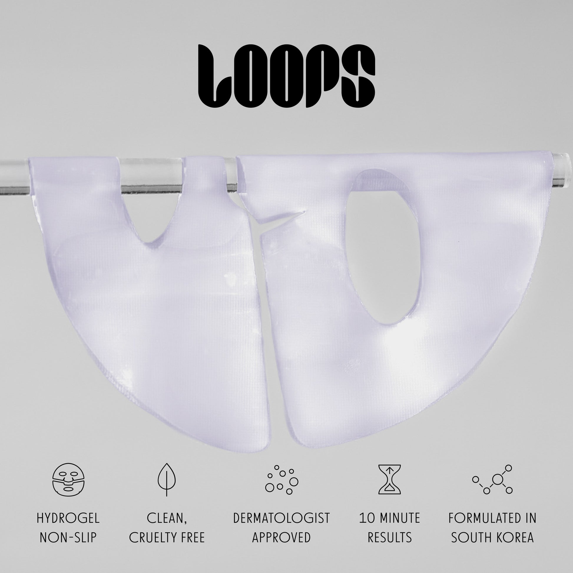 Two translucent hydrogel mask pieces hanging from a metal rod against a light gray background, with the word 'LOOPS' at the top and feature icons and text along the bottom.