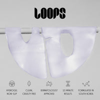 Two translucent hydrogel mask pieces hanging from a metal rod against a light gray background, with the word 'LOOPS' at the top and feature icons and text along the bottom.
