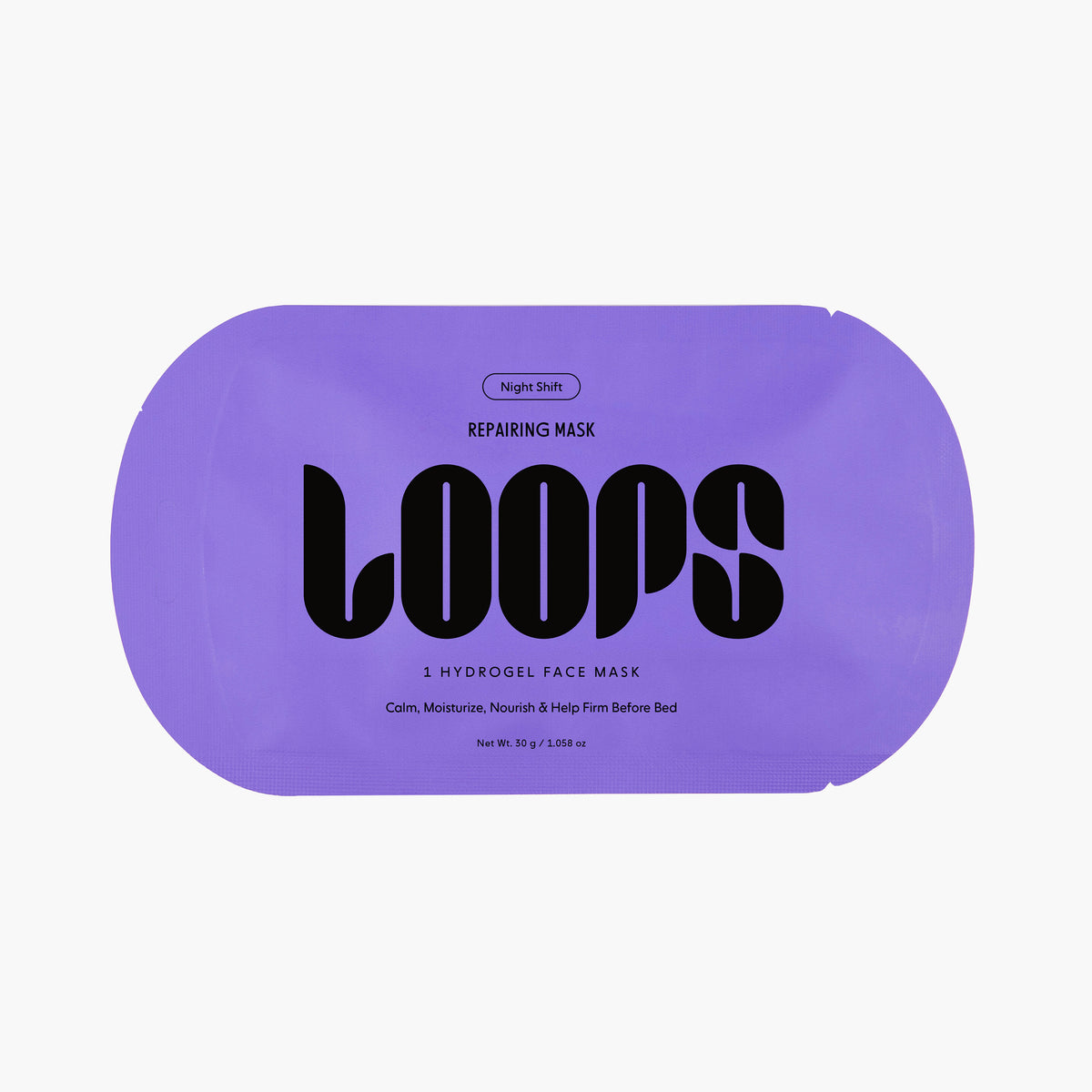 A purple oval-shaped sheet mask package with bold black text reading 'LOOPS' and smaller text 'Night Shift Repairing Mask' on a light gray background.