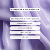 Purple textured fabric background with white rounded text boxes listing product benefits: Advanced Hydrogel Technology, Deep Penetration of Active Ingredients, Cooling & Refreshing, 100% Biodegradable, Clean & Effective, and Non-Slip.