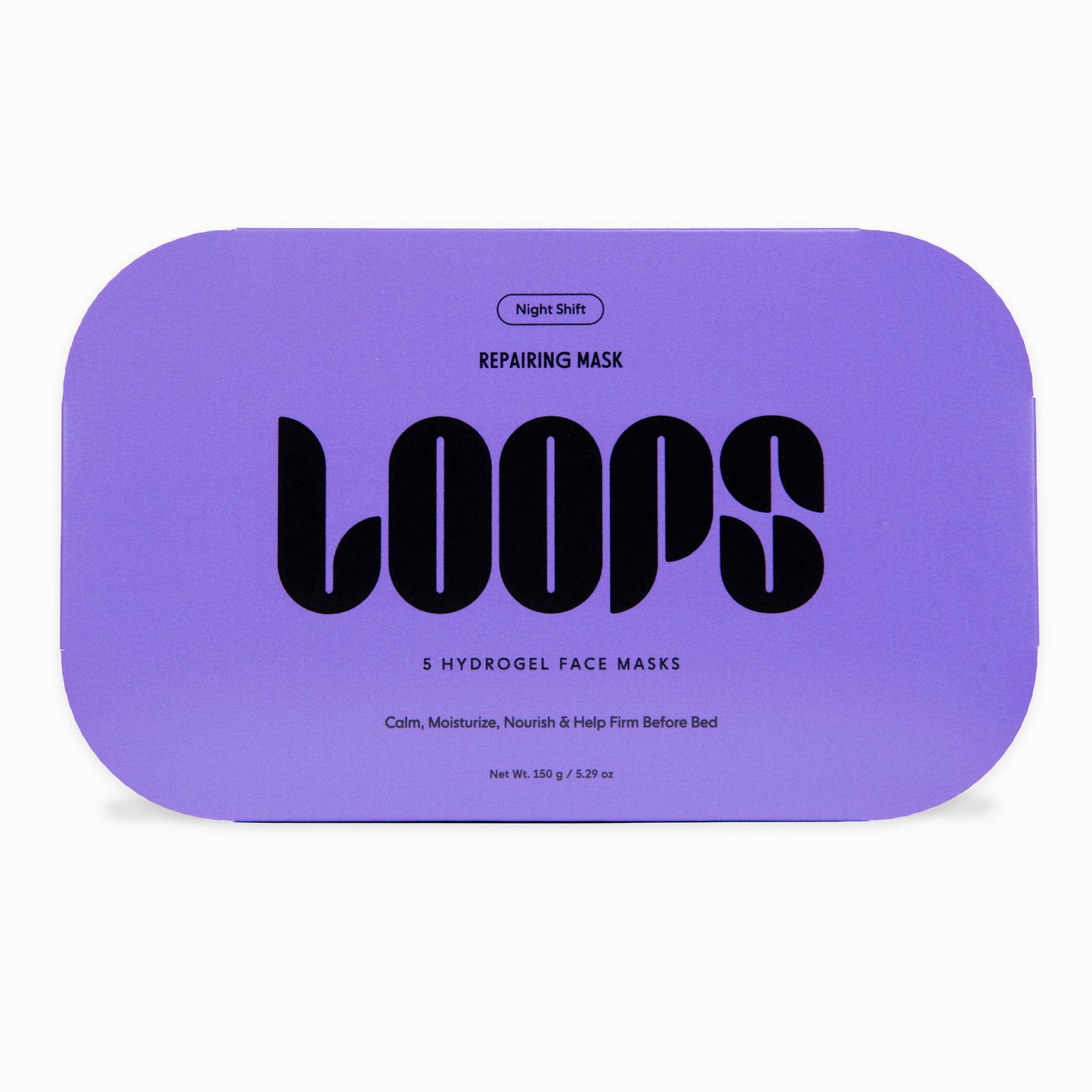 Purple rectangular box with rounded corners for a skincare product, featuring the brand name 'LOOPS' in large black letters and 'Night Shift REPAIRING MASK' text on a white background.