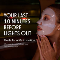A woman wearing a translucent skincare face mask applies it to her cheek in a dimly lit setting. Large white text on the left reads, 'YOUR LAST 10 MINUTES BEFORE LIGHTS OUT' with smaller supporting copy below.