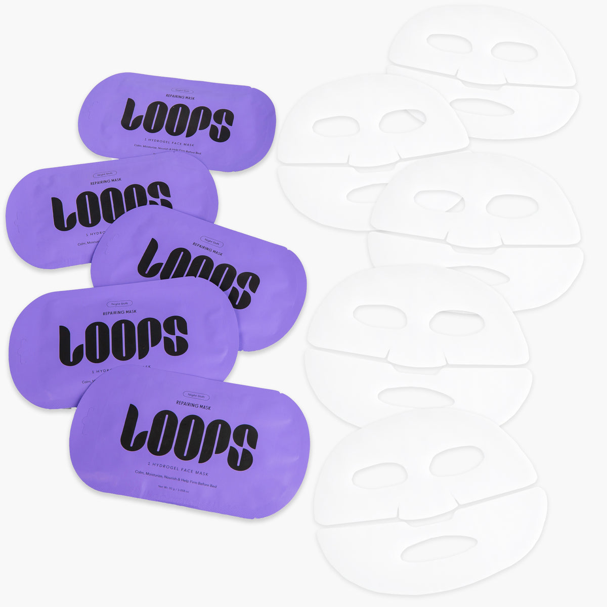 Five purple oval pouches of LOOPS Masking Mask with black logo text, arranged next to five white sheet masks on a clean white background.