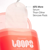 Skincare pad packaging with 'LOOPS' branding and text highlighting serum content.