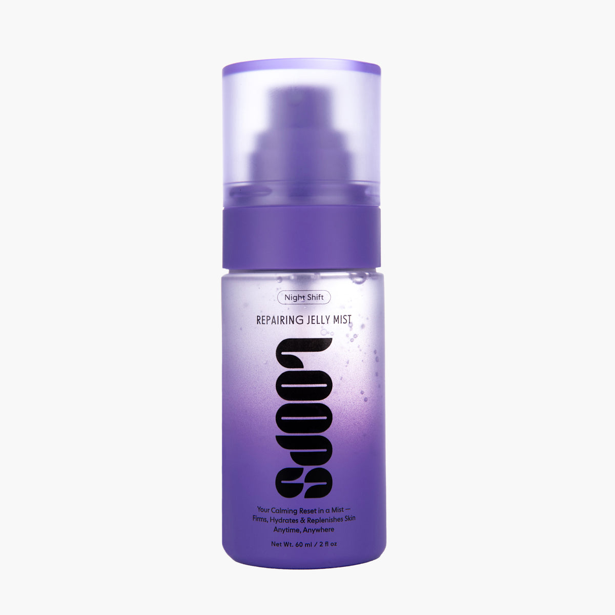 A bottle of 'loops' Repairing Jelly Mist by 'Nights Shift' on a clean white background. The bottle is a frosted light purple with a darker purple pump collar and a translucent purple cap.