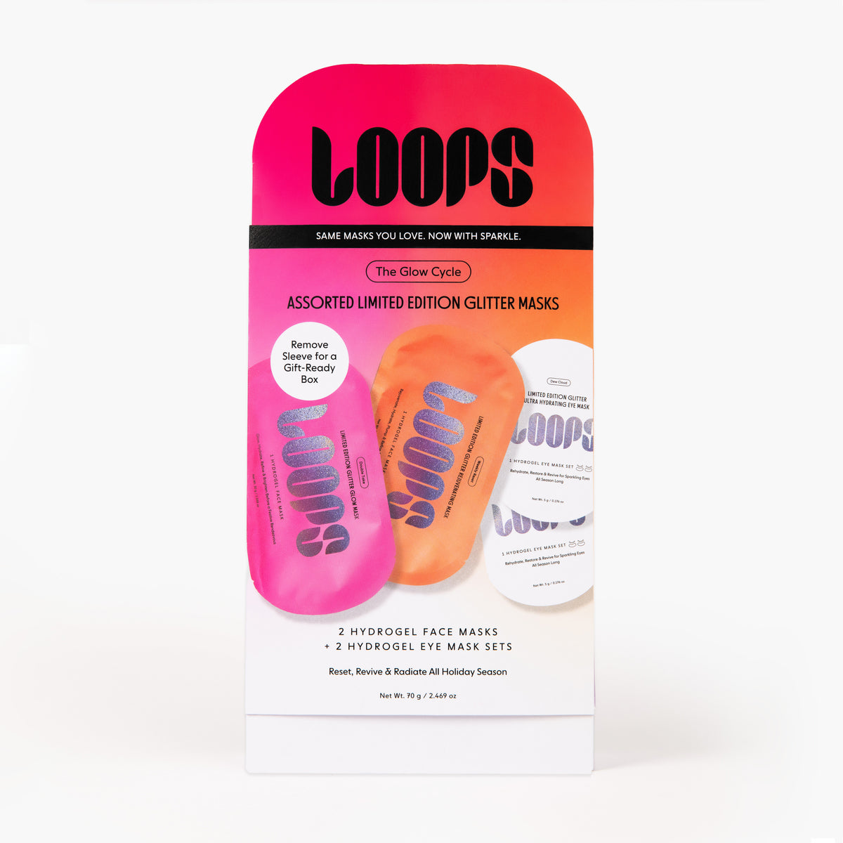 Packaging for Glow Cycle holiday gift set of 4 masks on a white background