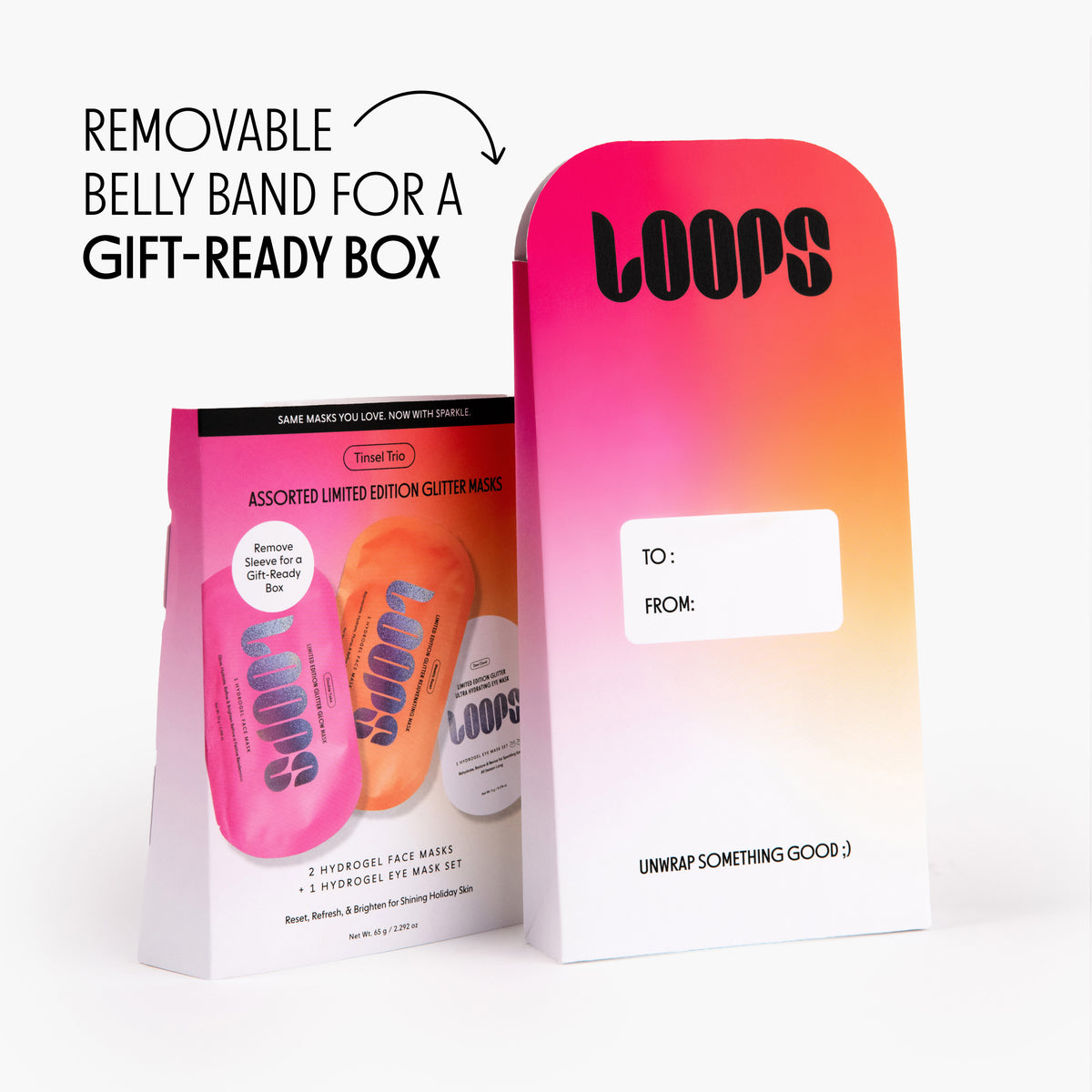 Holiday gift set package showing "removable belly band for gift-ready box"