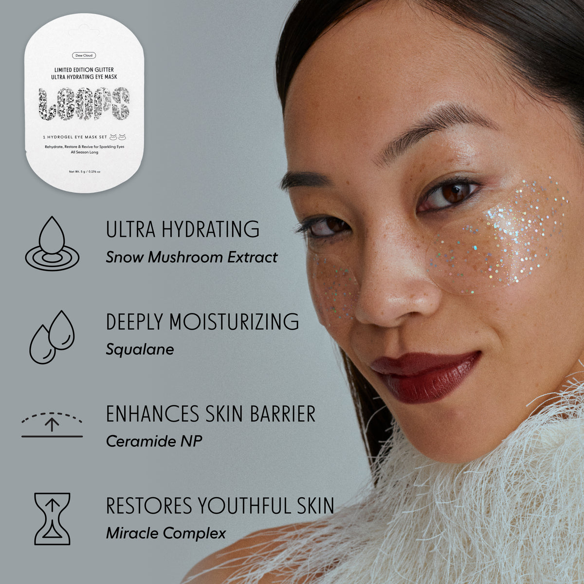 Glitter eye mask with details highlighting benefits: ultra hydrating, deeply moisturizing, enhances skin barrier, restores youthful skin