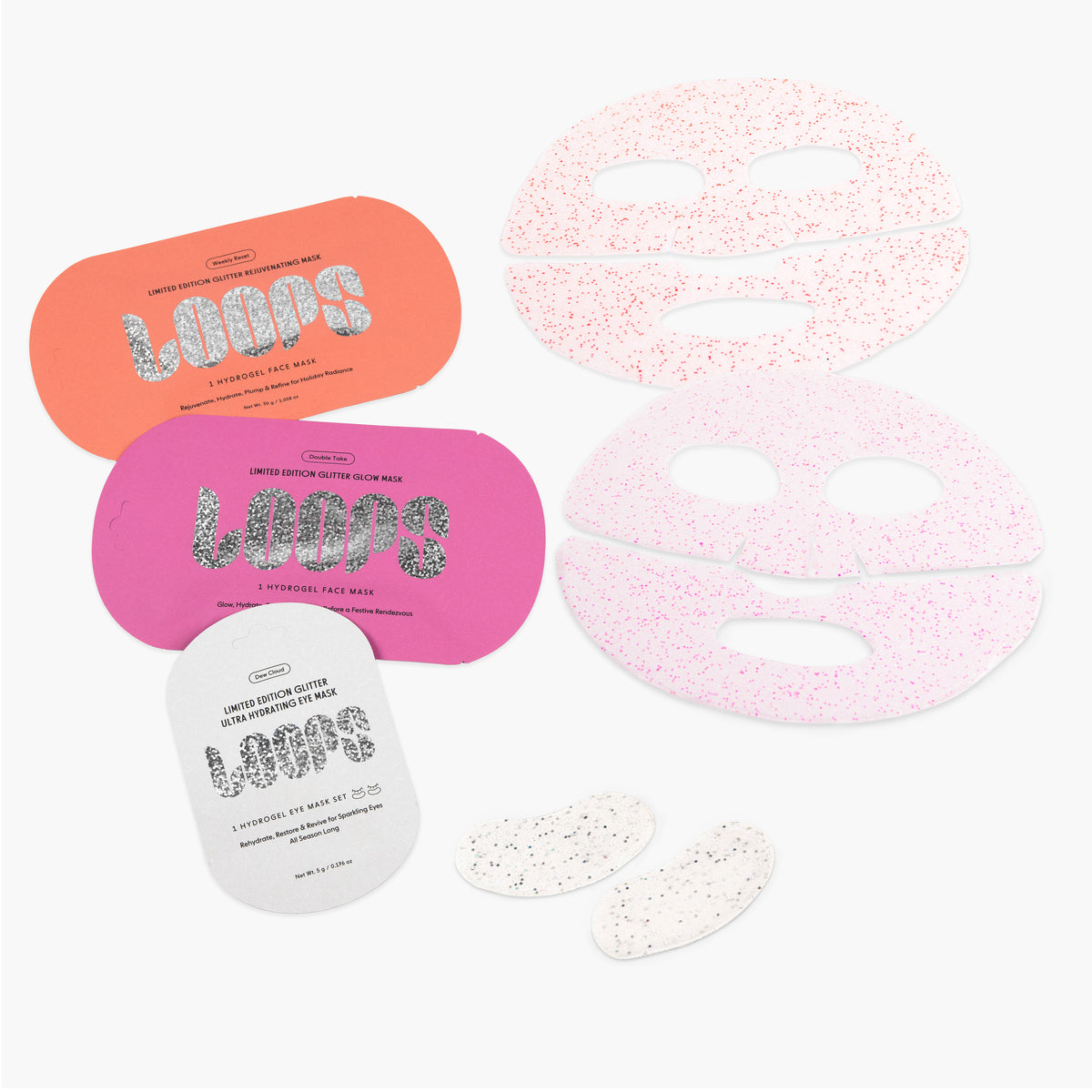 A set of LOOP masks shown on a clean white background, including three colorful foil packets (orange, pink, and white) and textured sheet masks in light pink, white, and pale peach, all with glitter.