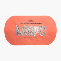 A peach-colored weekly reset face mask packet featuring a glittery silver 'LOOPS' logo and text for a limited edition glitter rejuvenating mask.
