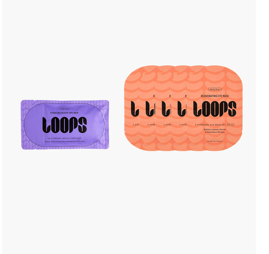 One moth tape and five eye mask packages from the brand 'LOOPS' on a white background.